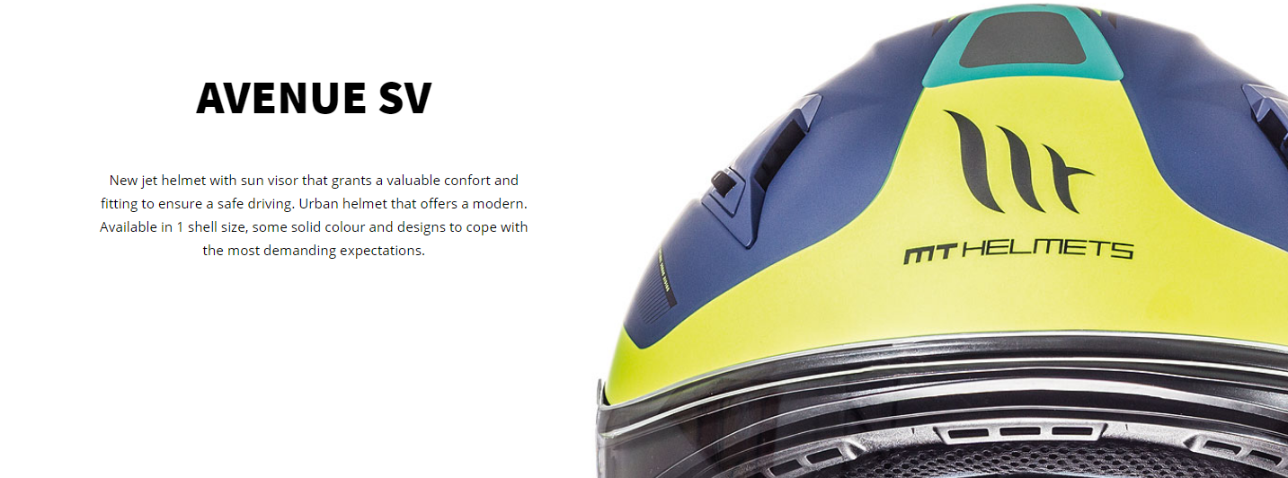 AVENUE SV New jet helmet with sun visor that grants a valuable confort and fitting to ensure a safe driving. Urban helmet that offers a modern. Available in 1 shell size, some solid colour and designs to cope with the most demanding expectations.